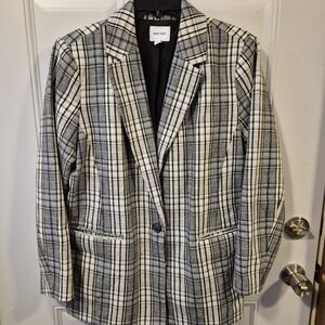 Nine West Women's Plaid Blazer - Black, White, and Gray With Blue Highlights
